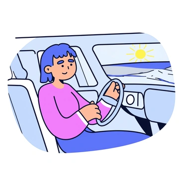 A person sitting in a car, gripping the steering wheel tightly at the start of a long journey