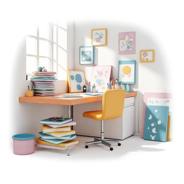 An artist's home workspace cluttered with colorful art supplies