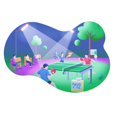 A park at night is brightly illuminated by overhead lights, creating a vibrant atmosphere. Two players are engaged in an energetic match of table tennis, one wearing a blue shirt and the other in red. The table tennis table is positioned on a grassy area, with a few trees softly lit in the background. Spectators are gathered around, some sitting on benches and others standing, all focused intently on the game. The players are in mid-action, one about to serve and the other preparing to return the ball. Nearby, a small scoreboard shows the match score.