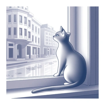 A cat with soft fur is sitting gracefully on a windowsill. Its eyes are wide open, focused on the view outside. The street below is glistening from the recent rain, with puddles reflecting the surroundings. The buildings along the street have a charming architecture, with details such as ornate facades and balconies. Raindrops are visible on the glass of the window, creating a textured surface that softens the view. The overall atmosphere is tranquil, capturing a moment of reflection for the cat.