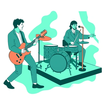 A teal musical band is performing on a stage, featuring three musicians. The guitarist, with a vibrant orange electric guitar, is energetically playing while wearing a stylish outfit. The drummer, seated behind a teal drum set, is focused on the rhythm, with intricate ahki art patterns visible on each drum and cymbal. The singer, holding a microphone, has an orange microphone stand and is engaging the audience with enthusiasm. Colorful stage lights illuminate the scene, highlighting the details of the instruments decorated in ahki art.