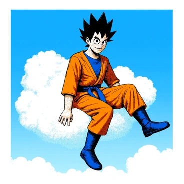 A character with spiky black hair is riding a cloud known as "Flying Nimbus." He is wearing an orange gi with a blue undershirt and matching blue boots. The character has a confident expression and is positioned dynamically, as if soaring through the air. The cloud has a fluffy, textured appearance, contrasting with the expansive bright blue sky surrounding it. In the scene, the sky is clear, with no other elements present, creating a focus on the character and his cloud.