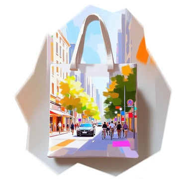 A canvas tote bag prominently displays a hand-painted image depicting a bustling city street. The scene features tall buildings with intricate architectural details, colorful storefronts, and diverse pedestrians walking along the sidewalk. There are cars and bicycles navigating through the street, creating a sense of movement and activity. Lively trees line the edges of the street, and various street signs add to the urban atmosphere. The painting captures the vibrancy and energy of city life.