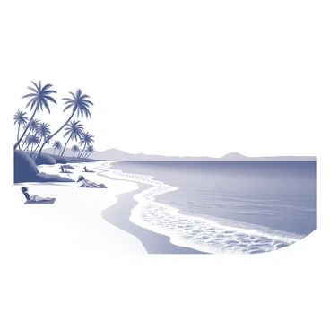 A tropical beach scene featuring a shoreline with white sandy beaches. The gentle waves are lapping at the shore, creating a rhythmic motion. Palm trees are swaying in the breeze, providing shade along the coast. The horizon showcases a clear sky, while distant silhouettes of islands can be seen in the background. Beachgoers are relaxing on towels and sunbathing under umbrellas. The scene conveys a sense of tranquility and leisure.