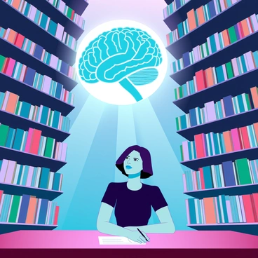 A person with medium skin tone and short black hair is sitting at a wooden table in a spacious library filled with towering bookshelves. The bookshelves are stacked with an array of colorful books, and they seem to expand outward, creating a sense of depth. In the center of this scene, there is a large, glowing brain suspended above the table, radiating a soft light that illuminates the surrounding area. The person appears focused and contemplative, with a notepad and pen in front of them, as if they are absorbing knowledge from the glowing brain and the surrounding books.