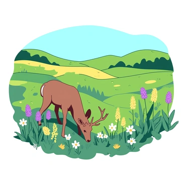 A duotone image of a spring meadow filled with vibrant wildflowers in various hues. The meadow is lush and green, with patches of yellow and purple wildflowers scattered throughout. In the foreground, a graceful deer is grazing peacefully among the flowers. The deer has a rich brown coat, and its ears are perked up, alert to its surroundings. The background features rolling hills, adding depth to the scene, under a clear blue sky.