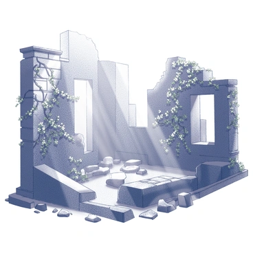 Ancient ruins partially obscured by thick, twisting vines. The remnants of stone walls and columns can be seen, many covered in delicate foliage. Sunlight streams through the cracks in the structure, creating sharp contrasts of light and shadow. The ground is littered with broken stones and the remnants of a once-grand civilization, giving a sense of age and mystery to the scene.