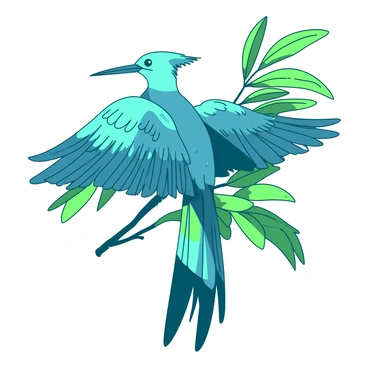 A teal bird of paradise is perched on a thin branch with its wings fully spread, showcasing its vibrant and exotic plumage. The feathers shimmer in shades of blue and green, creating a striking contrast against the surrounding light green leaves. The bird's long iridescent tail feathers extend gracefully behind it, adding to the dramatic display. Sunlight filters through the foliage, casting soft shadows on the bird's body, enhancing the vivid colors of its feathers.