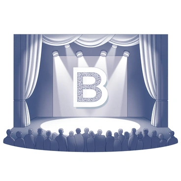 A large stage with elaborate drapery on either side. At the center, there is a giant letter "B" as the backdrop, prominently displayed and embellished with intricate patterns. The stage floor is polished and reflective, enhancing the overall presentation. Spotlights are positioned to illuminate the backdrop, casting shadows that create depth and texture. The stage is surrounded by a crowd of people, all focused on the performance awaiting to begin.