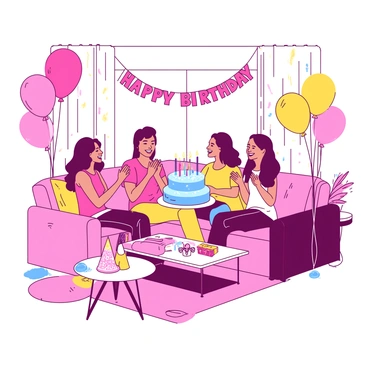 A group of four friends is gathered in a brightly decorated living room, smiling and laughing together. One friend is holding a large blue cake topped with colorful candles, while another friend is clapping with excitement. Balloons in vibrant yellow and pink are tied to various pieces of furniture around the room, creating a festive atmosphere. A table nearby is adorned with a colorful tablecloth and displays an assortment of party hats and small gifts. The walls are decorated with streamers and a "Happy Birthday" banner.