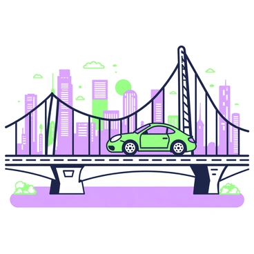 A Porsche 911 is driving across a notable city bridge. The car is sleek and modern, with its distinctive curves and headlights prominently visible. In the background, a skyline filled with contemporary skyscrapers rises against the sky. The bridge features intricate architectural details, supporting cables, and wide lanes. The scene captures the vibrant energy of the city, with the sun setting behind the buildings, casting a warm glow. Below the bridge, the water reflects the outlines of the structure and the cityscape.