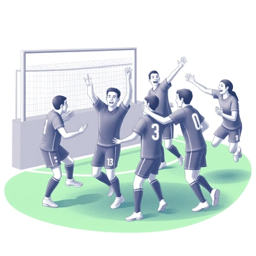 A soccer field with a vibrant green pitch. Several players are gathered together, celebrating a recent goal. One player, wearing a black jersey, has his arms raised triumphantly, his face showing pure excitement. Other teammates surround him with broad smiles, some jumping in the air while others have their arms around each other. The background features a goal post with a net that is slightly swaying, indicating a successful shot. A few spectators can be seen in the distance, cheering and clapping in support of the team.