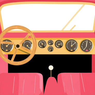 An interior of a vintage car featuring a dashboard with a series of circular classic dials, each displaying different measurements in a retro style. The dashboard is made from polished wood, complementing the luxurious feel of the car. A wooden steering wheel is positioned in front of the driver’s seat, exhibiting intricate grain patterns and a smooth finish. The seats are upholstered in rich leather, adding to the overall vintage charm of the interior. Sunlight filters through the front windshield, casting soft shadows on the dashboard.