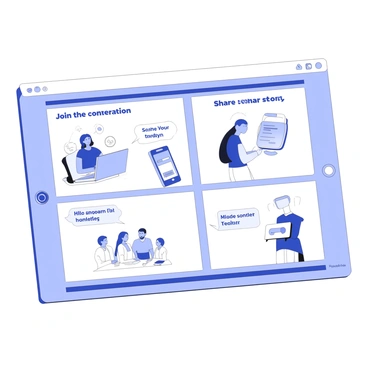 A virtual storyboard is displayed on a digital screen. It consists of multiple panels arranged in a grid layout. Each panel features a unique image related to a social media narrative, with clear visual elements representing various themes such as community, engagement, and storytelling. 

In one panel, there is an illustration of a group of diverse people gathered around a laptop, discussing content. Another panel shows a smartphone with notifications popping up, symbolizing interaction and connection. 

Text is incorporated within each panel, featuring phrases like "Join the conversation" and "Share your story," placed prominently to emphasize the narrative's message. The overall composition is organized and visually engaging, conveying a sense of flow and progression through the storyboard.