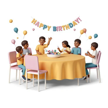 A colorful birthday party setting for a child, featuring a large round table covered with a bright tablecloth. Children, ranging from ages 5 to 8, are seated around the table, all smiling and focused on their bingo cards. Each child is holding a colorful marker to mark their cards. In the center of the table, there is a bowl filled with an assortment of candy prizes, including lollipops, gummy bears, and chocolate bars. A banner hanging above reads "Happy Birthday!" in bold letters, and colorful balloons are scattered around the room, adding to the festive atmosphere. One child is raising their hand excitedly, signaling they have a bingo, while another child looks on with anticipation.