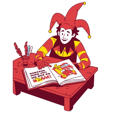 A jester sitting at a desk, scribbling funny jokes in a large, colorful book.