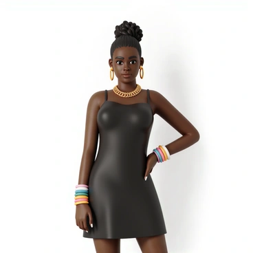A model, standing confidently, is wearing a fitted black dress that contrasts with her vibrant, bold accessories. She has a chunky gold necklace, oversized hoop earrings, and a stack of colorful bangles on her wrists. The minimalist background features a simple white wall, allowing the focus to be on the model and her striking accessories. The model's hair is styled in a sleek updo, and she has a strong, assertive expression on her face. Her pose is dynamic, with one hand on her hip and the other slightly raised, creating an engaging visual composition.