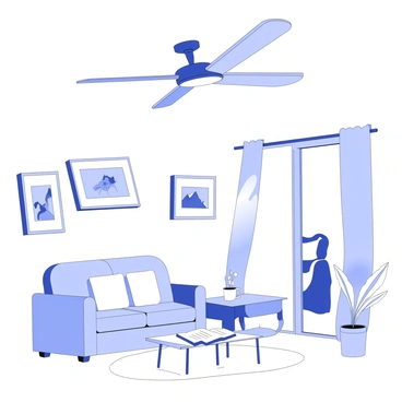 A ceiling fan is spinning above a cozy living room. The fan has three wooden blades, creating an inviting atmosphere as it rotates gently. Below it, there is a comfortable sofa with plush cushions, positioned against a wall adorned with framed photographs. A warm rug covers the wooden floor, and a small coffee table is placed in front of the sofa, holding a steaming mug and an open book. Soft light spills in through a nearby window, illuminating the room with a welcoming glow. A potted plant sits in the corner, adding a touch of greenery to the space.