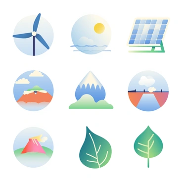 A collection of various icons representing different types of renewable energy sources is displayed on a soft gradient background. The first icon is a wind turbine, featuring three large blades against a bright blue sky. Next, there is a solar panel icon, shown as a grid of small squares reflecting sunlight. The third icon depicts a water droplet with waves, symbolizing hydropower, accompanied by a small dam. Another icon represents geothermal energy, illustrated with a stylized volcano emitting steam. Lastly, a leaf icon signifies biomass energy, detailed with veins and a rich green color. Each icon is clearly defined and evenly spaced across the image.