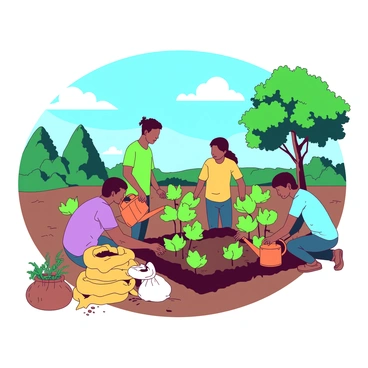 A group of volunteers is planting small green saplings in a vibrant field. Each volunteer is wearing a different color shirt, creating a lively scene. Some volunteers are kneeling down, carefully placing the saplings into the freshly dug soil, while others are watering the plants with bright orange watering cans. In the background, there are a few large trees providing shade, and the sky is a clear blue with fluffy white clouds. Nearby, there is a stack of burlap sacks filled with soil, ready to be used for planting. The overall atmosphere is one of unity and dedication to environmental conservation.