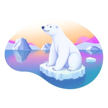 A polar bear sitting on a small ice floe. The bear has thick white fur and an attentive expression. In the background, there are melting icebergs, some partially submerged in the water, with their edges glistening. The sky is painted with warm hues of orange and pink, indicating a fading sunset. The water around the ice floe is a calm blue, reflecting the colors of the sky.