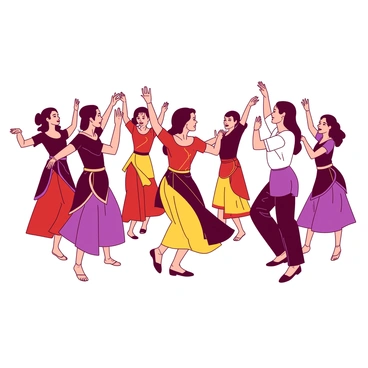 A group of dancers wearing traditional Malaysian costumes in vibrant colors is performing a cultural dance. The costumes feature intricate patterns and details, showcasing various hues. Each dancer is engaged in graceful movements, with their arms raised and feet poised elegantly. The dancers are positioned in a semi-circle, with one dancer in the center leading the performance. Their expressions reflect concentration and joy as they perform intricate steps and hand gestures. The background includes a simple stage setting that highlights the dancers and their colorful attire.