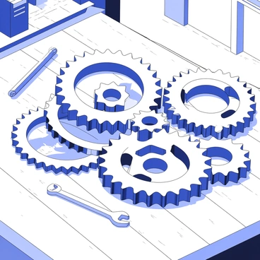A collection of rusty, interlocking gears is scattered across a wooden workbench. Each gear exhibits various sizes and shapes, with intricate teeth and worn surfaces. The wood of the workbench shows visible grain patterns and small imperfections, contrasting with the metallic textures of the gears. Sunlight filters through a nearby window, casting shadows of the gears onto the bench. Some gears are slightly overlapped, creating a sense of depth and complexity in the arrangement. A small, aged wrench lies next to the gears, indicating recent use.