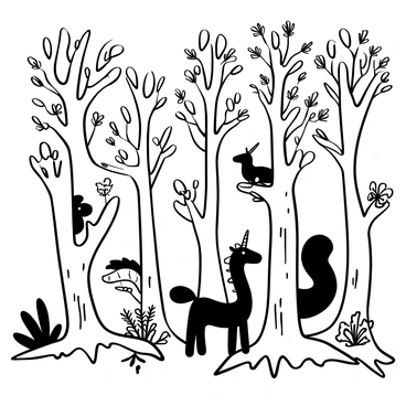 A forest filled with whimsical trees that have unusually shaped trunks and branches. Among the trees, various mythical creatures such as a unicorn, a dragon, and a fairy are partially hidden, peeking from behind the trunks. The ground is covered with intricate roots and delicate ferns. A soft mist weaves through the trees, adding depth to the scene. The creatures have distinct features, with the unicorn's flowing mane, the dragon's scaly body, and the fairy's delicate wings slightly visible.