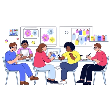 A group of five people sitting at a rectangular table in an art classroom. Each person is engaged in their own drawing on a blank sheet of paper. One person has brown hair and is sketching a landscape with a pencil. Another person, with glasses, is using colored pencils to illustrate a flower. A third individual is a woman with curly hair, painting with watercolors on her canvas. The fourth person, wearing a red shirt, is drawing an abstract pattern with a black pen. Lastly, a person with short hair is using charcoal to create a portrait. The walls of the classroom are adorned with colorful art supplies and student artwork.