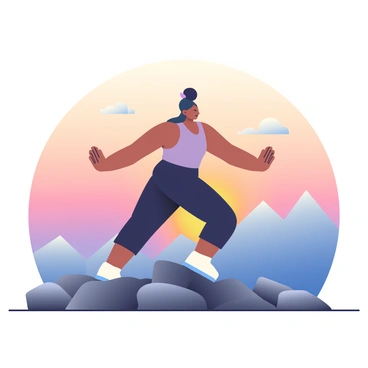 A woman with dark hair tied in a bun is in a yoga pose on a rocky mountaintop. She has a medium complexion and is wearing a light purple tank top and black leggings. The sky behind her is filled with soft shades of orange, pink and purple as the sun rises on the horizon. The mountaintop is surrounded by distant, shadowy mountains and a few scattered clouds illuminated by the sunlight. The woman’s focus is directed forward, with her arms extended gracefully, creating a sense of tranquility in the scene.