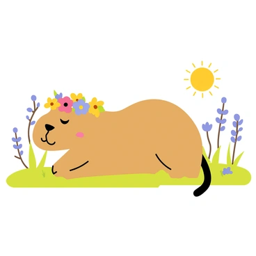 A capybara with a soft brown coat is lying comfortably in a lush green meadow. It has a whimsical flower crown made of vibrant pink, yellow, and blue flowers resting atop its head. The background features various wildflowers in shades of purple and white surrounding the capybara. The sun shines down, casting gentle light on the scene, illuminating the capybara's relaxed expression.