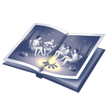 A photo album opened to reveal a scene around a campfire at night. In the center, a large campfire crackles with bright flames, casting shadows. Several friends are gathered around the fire, sitting on logs and camping chairs. One friend is playing an acoustic guitar, while others are singing joyfully. They are smiling and laughing, with some having marshmallows on sticks. The background features tall trees silhouetted against the starry sky, enhancing the cozy atmosphere of the gathering. Each page of the album captures different moments of camaraderie and laughter.