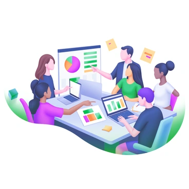 A modern pastel illustration featuring a diverse team of five individuals gathered around a large rectangular table. The team includes two women and three men from different ethnic backgrounds, all engaged in a lively discussion. On the table, there are colorful charts displayed, including a pie chart in bright hues and a bar graph in various shades. Several sticky notes in different colors are scattered across the table, showing ideas and reminders. Each team member has a laptop open in front of them, and one individual is pointing at a chart while another takes notes. The setting has a bright, collaborative atmosphere.