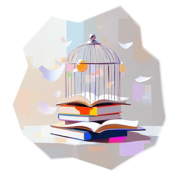 A cage constructed entirely from an assortment of stacked books of various sizes and colors. The books are arranged meticulously to form the structure, with the spines facing outwards. Some of the pages of the books are caught in a gentle breeze, fluttering outward like delicate wings, creating a dynamic appearance. The setting features a soft light that highlights the textures of the book covers and the crispness of the fluttering pages. The scene is inviting, with a sense of whimsy conveyed by the unique cage design.