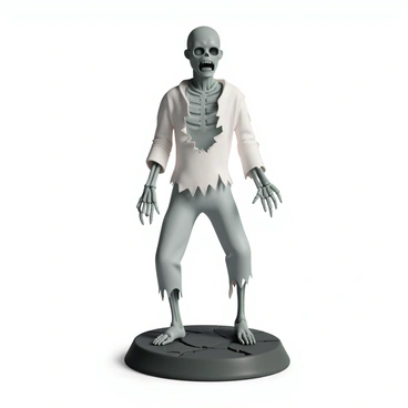 A detailed action figure of a zombie, featuring a decayed face with hollow eyes and gray skin. The zombie is wearing torn, tattered clothing, with pieces of fabric hanging loosely from its body. Its arms are extended outward, as if reaching for something, with skeletal hands visible. The figure stands on a dark, textured base that resembles cracked ground, enhancing its eerie presence.