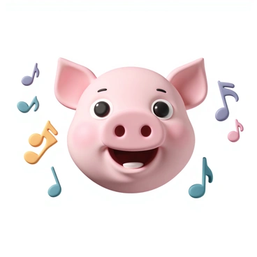 A cartoon-style pig face, characterized by its round, pink features, large expressive eyes, and a cheerful smile. The pig's ears are perked up, and its cheeks are slightly puffed, conveying a sense of joy. Surrounding the pig face are colorful musical notes in various sizes and shapes, floating playfully in the air. The background is minimal, allowing the focus to remain on the pig face and the vibrant musical notes.