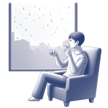 A person sitting comfortably in a cozy chair. They hold a steaming cup of tea in one hand, bringing it close to their face. The individual gazes thoughtfully out of a large window. The window is covered with several raindrops, each one glistening as it runs down the glass. The scene captures the tranquility of the moment, with the soft outlines of rain blurring the outside world. The person is dressed in casual, comfortable clothing, enhancing the feeling of relaxation in this intimate setting.