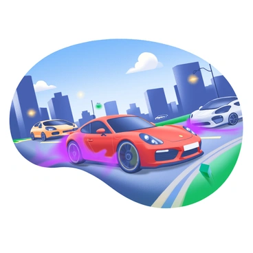 A modern pastel illustration featuring a sleek "Porsche 911" in vibrant red, skidding around a sharp corner on a city street. The scene is dynamic, with motion lines trailing behind the car to convey speed. Surrounding the car are blurred silhouettes of other vehicles in pursuit, adding to the sense of urgency. The urban landscape includes tall buildings and streetlights, with a dramatic blue sky above, suggesting an intense action-packed moment.