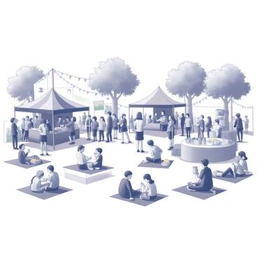 A lively community festival is taking place in a large open space. Groups of people are gathered around various stalls, enjoying a variety of food offerings. Children are engaged in games, laughing and playing while adults chat and socialize nearby. Some musicians are performing on a small stage, drawing the attention of an enthusiastic audience. Colorful decorations and banners are hanging throughout the event, adding to the festive atmosphere. In the background, there are trees providing shade for attendees relaxing on picnic blankets.