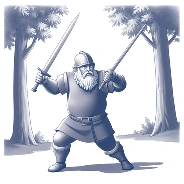A figure of a stout dwarf is engaged in sword fighting techniques. He is wearing a detailed suit of armor, with a sturdy helmet and a long, braided beard flowing over his chest. His stance is firm and focused as he wields a sword with both hands, demonstrating a precise movement. Around him, a sunny clearing is framed by tall trees with textured bark and dense foliage. The sunlight filters through the leaves, creating a dappled effect on the ground, highlighting the scene's dynamic energy.