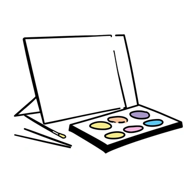A close-up of a watercolor palette featuring an array of vibrant colors arranged neatly in circular wells. Beside the palette, there are several paintbrushes of varying sizes, their bristles slightly wet with paint. In the background, a blank canvas is positioned upright, ready for artwork. The scene captures the essence of an artist's workspace, showcasing the tools of creativity.