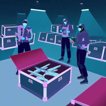 A dimly lit warehouse filled with shadows and an air of secrecy. Several large wooden crates, marked with warning symbols, are stacked haphazardly along the walls. A group of three figures, dressed in tactical gear and wearing masks, are in the process of unloading the crates. One figure is prying open a crate with a crowbar, revealing an assortment of sleek firearms and ammunition neatly arranged inside. Another figure stands watch, scanning the area for any signs of intrusion. The third figure is pulling out a weapon from a crate, showcasing its polished metal surface. The atmosphere is tense and focused, highlighting the clandestine nature of the operation.