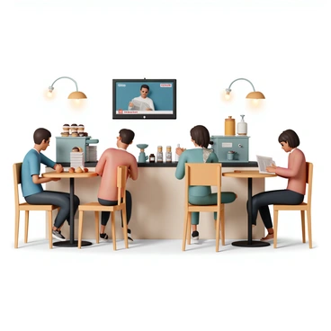 A small cafe with wooden tables and chairs, featuring a counter filled with various pastries and coffee machines. Several patrons are sitting at the tables, some reading newspapers and others engaged in conversation. In the background, a mounted television displays a news broadcast, with a news anchor visible on the screen. One patron, a man in a blue shirt, is glancing up at the television while sipping a coffee. Another patron, a woman in a red sweater, is focused on her laptop, looking occasionally at the screen. The atmosphere is lively, with the warm glow of lights illuminating the interior.
