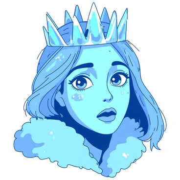 A close-up of an ice queen's face with frosty blue skin that glimmers under the light. Her crystalline features are sharply defined, reflecting light in a spectrum of colors. Her eyes are a striking icy blue, resembling deep, clear glaciers. Delicate snowflake patterns are etched across her cheeks, enhancing her regal appearance. A crown made of shimmering icicles rests on her head, and her hair flows like frozen strands, appearing both beautiful and formidable.