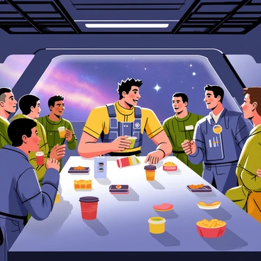 Inside a futuristic space base, there is a long metallic table surrounded by several soldiers in custom uniforms. A mercenary with a rugged appearance, wearing a tactical vest and holding a half-eaten space ration, is animatedly sharing stories. His face is illuminated by the overhead lights, showing an expression of excitement. Around him, fellow soldiers are engaged, some leaning in with interest while others are laughing. A backdrop of large viewing windows reveals distant stars and a colorful nebula. Various food containers and cups are scattered across the table, adding to the scene of camaraderie in the galactic setting.