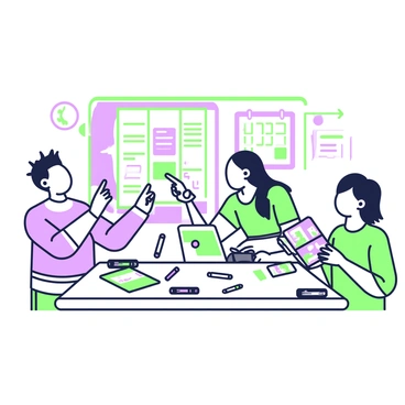 A group of enthusiastic students is gathered around a large table in a bright classroom. In the center of the table, there are colorful papers, markers, and a laptop open to a calendar app. On the left, a boy with spiky hair is excitedly pointing at a poster while holding a green marker. Next to him, a girl with long hair is leaning forward, jotting down notes on a sheet of paper. Another girl is smiling, holding a stack of flyers for their upcoming event. On the wall behind them, there are pinned up drawings and schedules, giving the room a lively and vibrant atmosphere.