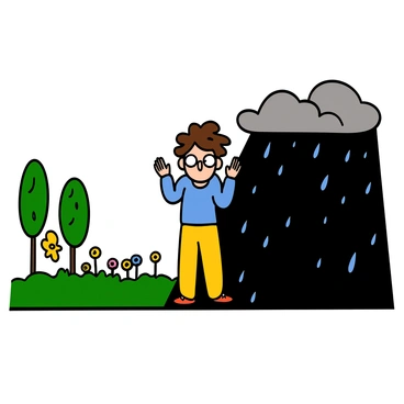 A character with light skin and big eyes is standing on a line that divides two contrasting scenes. On one side, there is a bright, sunny landscape with green trees and colorful flowers. On the other side, there is a dark, stormy environment with gray clouds and raindrops. The character has messy hair and is wearing a blue shirt and yellow pants, looking uncertain as they gaze back and forth between the two extremes. Their hands are slightly raised, showing hesitation about which direction to take.