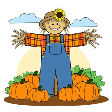A whimsical scarecrow with a large, friendly face made from a burlap sack, wearing a colorful plaid shirt and denim overalls. The scarecrow has a straw hat decorated with a vibrant sunflower. It stands tall amidst a pumpkin patch filled with various sizes of bright orange pumpkins. The late afternoon sun casts a warm golden light over the scene, illuminating the green leaves and the rich brown soil. A light breeze rustles the scarecrow's arms, made from sticks, which are outstretched as if to embrace the pumpkins. In the background, there is a clear blue sky with a few fluffy clouds.