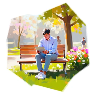 A person with medium skin tone is sitting on a wooden bench in a park surrounded by lush green grass and blooming flowers. They are focused on a sleek tablet, positioned in front of them, as they review their online bank account. The individual is dressed in a casual light blue shirt and comfortable jeans, with a gentle breeze slightly tousling their hair. A few trees provide dappled sunlight, adding to the serene atmosphere, and a pathway winds in the background, hinting at other park visitors.