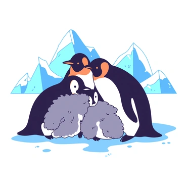 A group of penguins, featuring a variety of sizes, are huddled closely together on a stark white icy landscape. The adult penguins are predominantly black and white, with bright orange markings around their necks. The chicks, fluffy and grey, are nestled between the adults for warmth. In the background, there are jagged ice formations glistening under the sunlight. A soft layer of snow covers the ground, creating a tranquil atmosphere around the family of penguins.